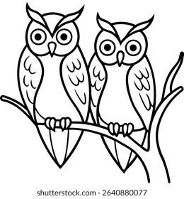 Two owls perched on branch illustration isolated on white background