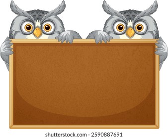 Two owls perched on a wooden sign