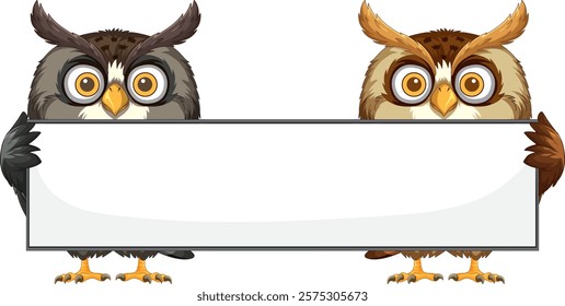 Two owls presenting a blank rectangular sign