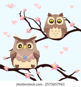 Two owls, Saint-Valentine's day illustration. Romantic vector art, wedding invintation
