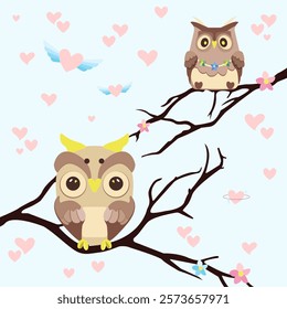 Two owls, Saint-Valentine's day illustration. Romantic vector art, wedding invintation