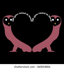 Two owls shaping a heart with all you need is love text, optical vector illustration, valentine's day greeting card