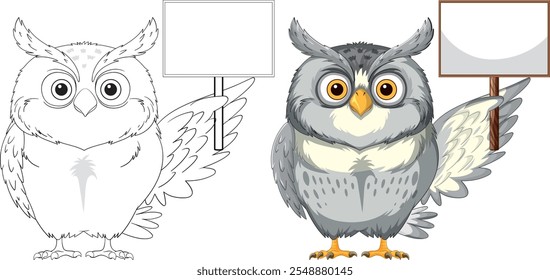 Two owls with signs, one colored, one outlined