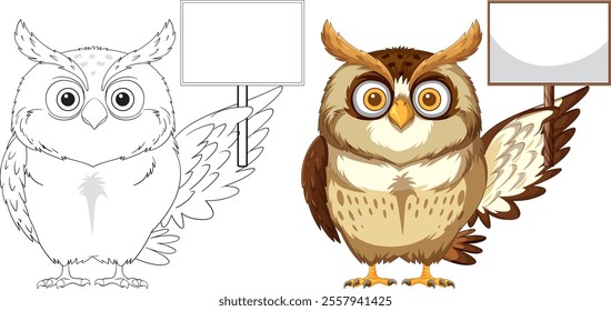 Two owls with signs, one colored, one outlined