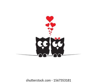 Two owls silhouettes on wire in love, vector. Birds on wire. Wall decals, wall artwork. Minimalist poster design isolated on white background. Valentine greeting card design