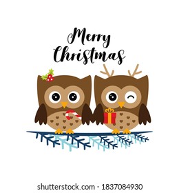 Two owls sitting on the branch wishing a merry Christmas, flat owl icon, vector illustration