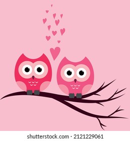 two owls are sitting on a branch. owls in love sit side by side. vector illustration, eps 10.