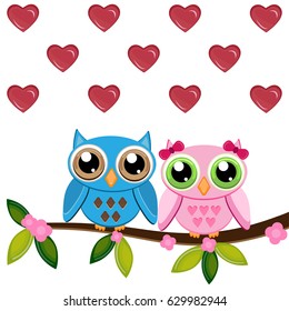 Two Owls sitting on the branch under the hearts rain