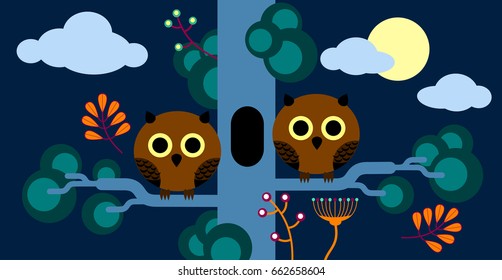 Two owls sitting on the branches of a tree. Children's themes, flat