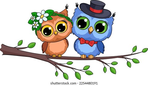 Two owls sitting on tree brunch. Funny cartoon birds