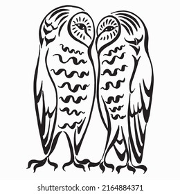 Two owls stylized black and white ink drawing. Black and white linear drawing. Vector image. Calligraphic drawing.