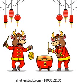 Two ox celebrating chinese new year with playing traditional music.