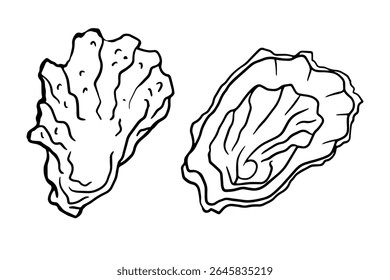 duas conchas de ostras na ilustração de arte de linha de vetor minimal monocromática. Perfeito para menus de frutos do mar, marca de restaurante, embalagem, blogs culinários, e projetos temáticos costeiros. EPS, imprimível.
