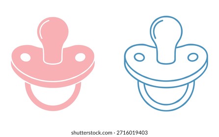 Dois ícones de chupeta, um preenchimento sólido rosa e um contorno azul, sobre fundo branco