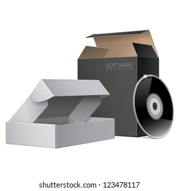 Two Package Box Opened with DVD Or CD Disk. For Software, electronic device and other products. Vector illustration