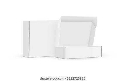 Dos cajas de embalajes, Mockups, abiertas y cerradas, vista lateral, aisladas en fondo blanco. Ilustración vectorial