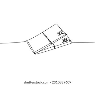 Two packs of money, cash, banknotes, 100 dollars, hryvnias, euro one line art. Continuous line drawing of bank, money, finance, financial, payment, data, savings, economic, wealth, credit
