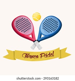 Two paddle tennis rackets. A blue and a pink. Banner with text in Spanish.