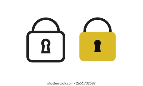 Two padlock icons one black outline one solid yellow with black both featuring keyholes on white