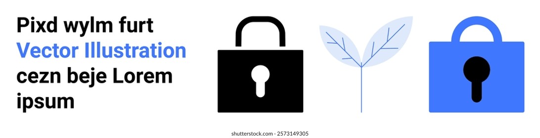 Two padlocks, one black and one blue, flank a simple blue leaf. Ideal for digital security, cybersecurity awareness, eco-security, technology protection, and sustainability themes. Banner for landing