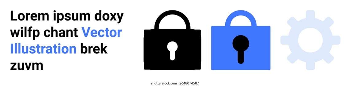 Dois cadeados, um preto e um azul, ao lado de um ícone cinza de engrenagem. Ideal para segurança cibernética, proteção de dados, privacidade on-line, transações seguras, bloqueios digitais, segurança de rede, desenvolvimento de software