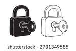 Two padlocks one black and one white with keys inserted isolated on white background