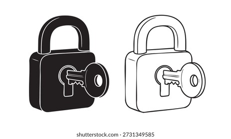 Two padlocks one black and one white with keys inserted isolated on white background