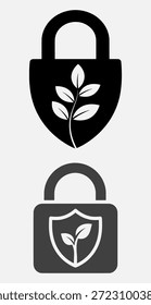 Dos candados con iconos de escudo y hojas, que simbolizan la seguridad y el crecimiento.