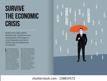 Two page layout businessman with umbrella survives the economic crisis. Vector illustration Eps10 file. Global colors & layers.