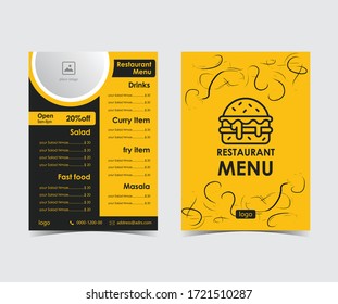 Two pages Modern Restaurant Menu flyer vector template in yellow , black color .   
