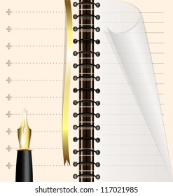 two pages of notepad, tape and golden writing pen