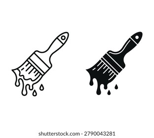 Two paintbrushes with dripping paint in black and white minimalist line art style