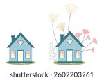 Two painted blue houses on a white background, a set for postcards, notebooks, stickers. Set of cute blue houses decorated with flowers and leaves, spring summer garden houses on a white background