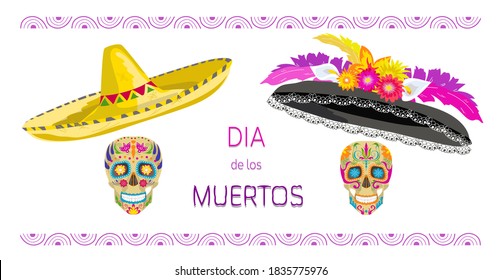 Dos coloridas cráveres (calavera) pintadas para el Día de los Muertos en México, con sombreros, sombrero mexicano para macho y sombrero de tipo Catrina con flores y plumas para hembras, para impresiones, web