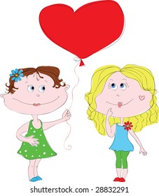 
Two painted girls with a red balloon in the shape of a heart. Vector illustration