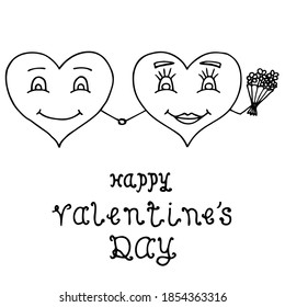 Two painted hearts symbolize the relationship between a man and a woman on Valentine's Day. Doodle style.