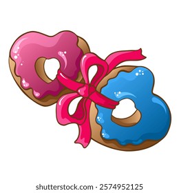 two painted heart-shaped donuts tied with a ribbon, sweet and tasty donut for valentines day