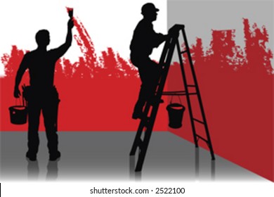 Two painter painting a room in red color, people at work