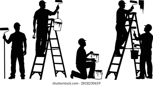 Two painter silhouettes on ladders applying paint with rollers and brushes to walls outdoors paint roller