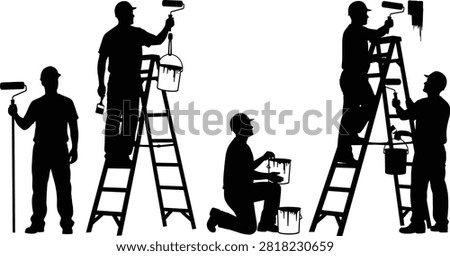 Two painter silhouettes on ladders applying paint with rollers and brushes to walls outdoors paint roller