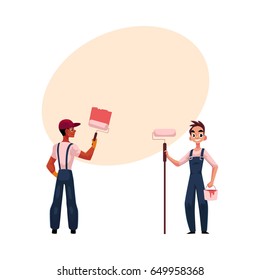 Two painters, black painting wall with big brush, Caucasian holding roller and bucket, cartoon vector illustration with space for text. Two painters, black and white, working together