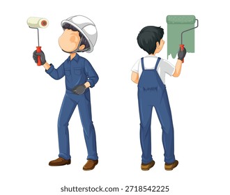 Dois pintores com rolo de tinta e pincel no fundo branco
