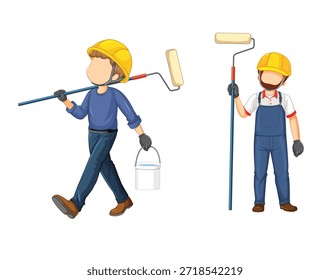 Dois pintores com rolos de tinta e balde sobre fundo branco Palavras-chave: pintores, pintura