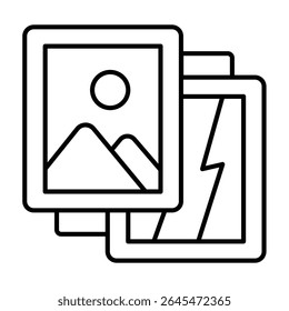 Dos pinturas collage icono de línea delgada, concepto de museo de la ciudad. Gráficos de Vector. Lienzo de la imagen con el paisaje, signo de la pintura en el fondo blanco, estilo móvil o diseño