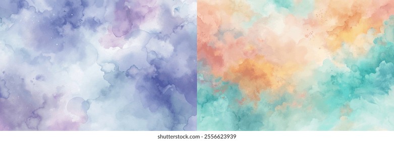 Two paintings of a colorful sky with a blue and purple background and a yellow and orange sky. The paintings are abstract and have a dreamy, whimsical feel to them