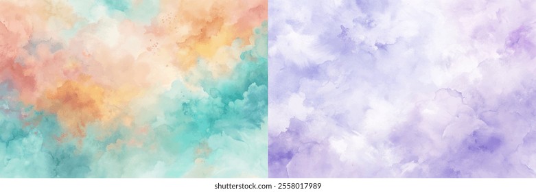 Two paintings of a colorful sky with a blue and green background. The sky is filled with clouds and the colors are vibrant