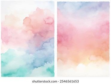 The two paintings are of a colorful sky with clouds. The colors are bright and vibrant, creating a sense of joy and happiness. The paintings are abstract, with no clear subject matter