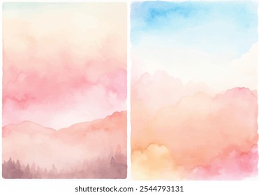 Die beiden Gemälde sind von Bergen und Wolken. Die Berge sind rosa und die Wolken blau. Die Gemälde haben eine friedliche und ruhige Stimmung