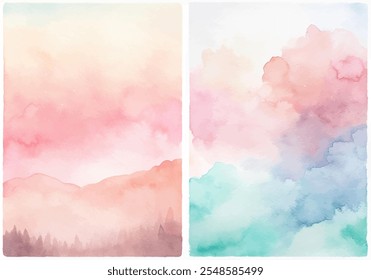 The two paintings are of mountains and clouds, with a pink and blue color scheme. The mood of the paintings is serene and peaceful, with the mountains and clouds creating a sense of calmness