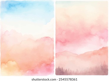 The two paintings are of mountains and clouds, with a pinkish hue. The mood of the paintings is serene and peaceful, with the mountains and clouds creating a sense of calmness and tranquility